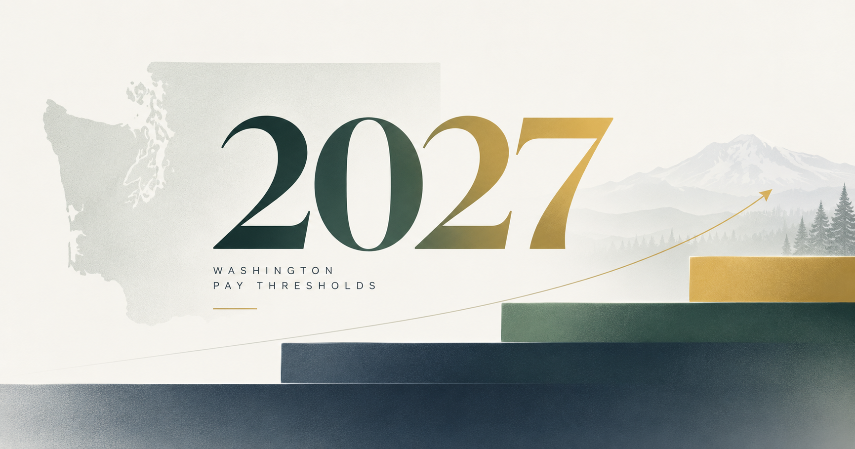 Illustration showing “2027” with rising steps, an upward arrow and a Washington State silhouette, representing Washington pay thresholds and minimum wage changes.